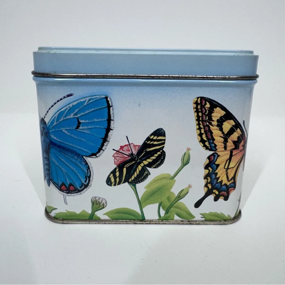 Early 90’s Vintage Butterfly & Flower Print Square Tin Box With Lid